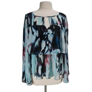 JENNIFER LOPEZ Women Size M Ruffle layer Tunic Blouse Blue Chiffon Bell SLV 172P